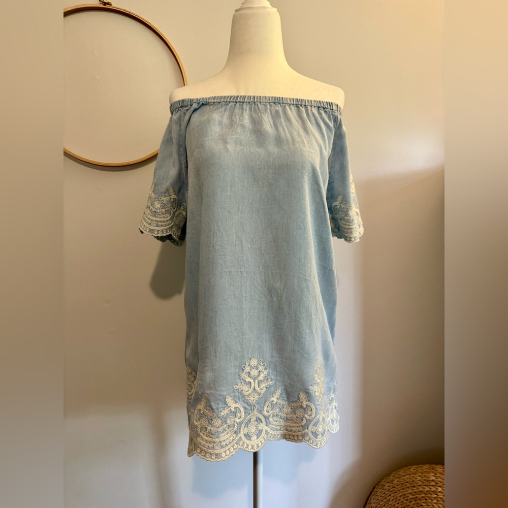 Soft Surroundings Off-the-Shoulder Chambray Blouse with Embroidery